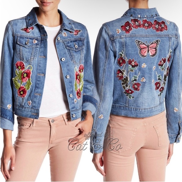 Bagatelle Collection Embroidered Floral Butterfly Bee Trucker Denim Jack… - Picture 1 of 15